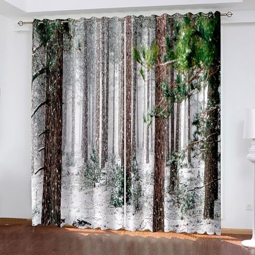Wycian - Cortina de ganchillo corto, color blanco verde marrón 2 piezas poliéster bosque de invierno 96L x 138H cm moderno Premium actualización 3.0