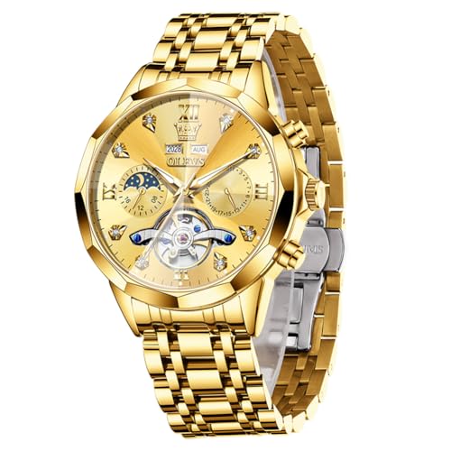 Image of OLEVS Automatic Men Watch Self Winding Mechanical Moon Phase Business Luxury Diamond Dress Stainless Steel Waterproof Luminous Mens Wrist Watch