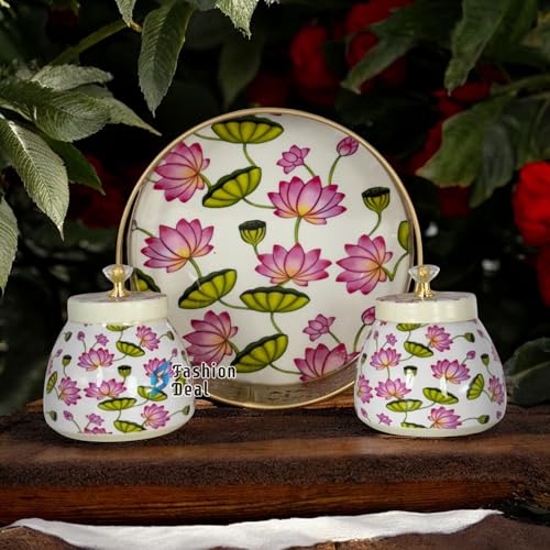 COOPTIC Handcrafted Multicolor Pichwai Tray Set | Ethnic Decorative Trays for Serving, Festive Gifting & Home Décor | Storage jar for Dryfruits & Nuts (White Lotus Flower)