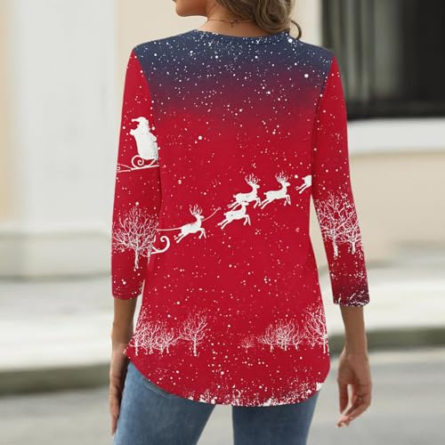 Image of Women Christmas Shirt 3 /4 Length Sleeve Henley Tops Xmas Outfits