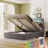 bett 140x200mit bettkasten 【LED Beleuchtung】: Modernes Bett mit LED-Mit bequemem Samtstoff hat das Kopfteil einen schönen LED-Lichtstreifen, der über eine 24-Tasten-Fernbedienung mit 4 automatischen Wechselmodi und 16 Lichtwechselfarben bedient wird.