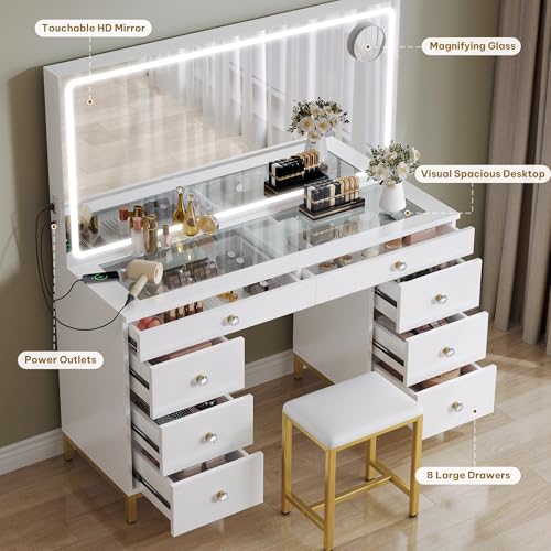 DWVO Vanity Desk with Mirror and Lights, Large Vanity Set with Charging Station, Makeup Table with 8 Drawers, Dimmable 3 Lighting Colors, Makeup Desk for Bedroom and Dressing Room, White