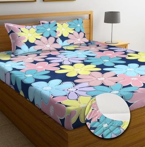 Image of Home Sizzler 210TC Floral Elastic Fitted Double Bedsheet (72X78 Inch) with 2 King Size Pillow Covers