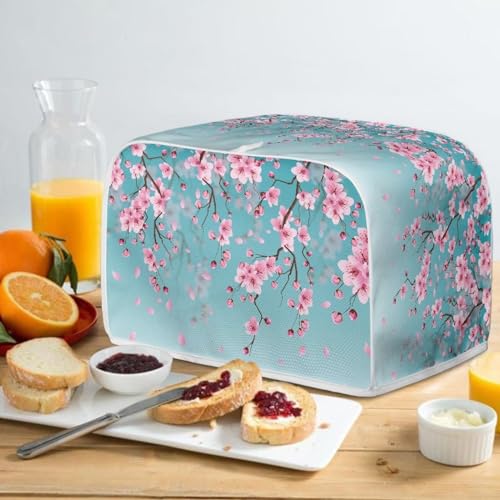 Image of Talayituse Cherry Blossom Print Toaster Dust Cover 4 Slice, Christmas Decoration Bread Maker Cover Toaster Covers Washable Stain Resistant Kitchen Small Appliance Cover, Blue