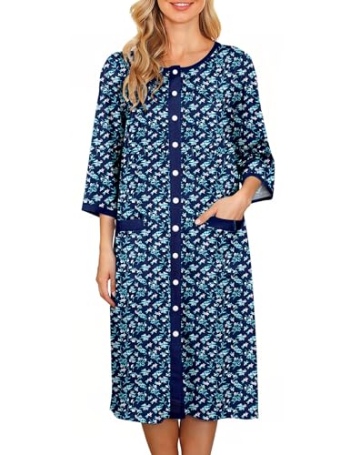 Image of Bloggerlove House Dress Women Cotton Snap Front Nightgown 3 /4 Sleeve Housecoat Duster Robe with Pockets Moomoo Patio Dress