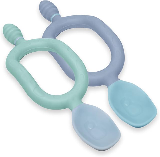 Bibado - Dippit 2 Pack Multi-Stage Self Feeding BPA Free Baby Spoons and Dipper - 2 Handed Multi-Grip Baby Weaning Spoons, Baby Feeding Spoons, Self Feeding 4-6 Months Plus - Mint and Blue