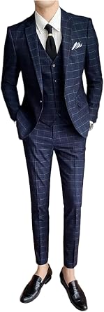 Mens Single Breasted Plaid Suit Notch Lapel Jacket & Vest & Pants Checked Tuxedos