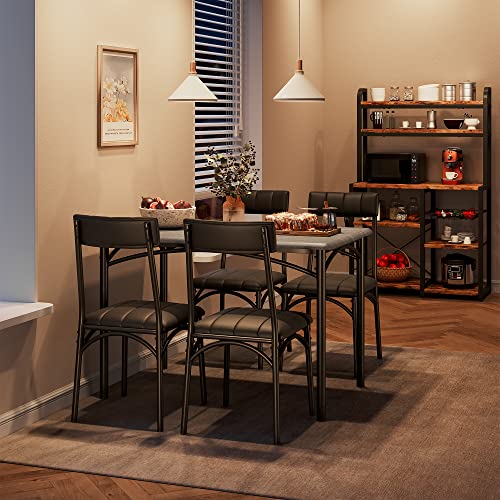Image of Garvee Farmhouse Dining Table Set for 4, Small Kitchen Table with 4 Upholstered Chairs, 5-Piece Dining Set for Apartment, Dining Room, Small Space, Gray