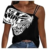 Tshirt Damen Sommer One-Shoulder Kurzarm Tunika Tee Tops Casual Lose Shirt Kurzen Ärmeln Hemd Einfarbiges Stilvolles Bluse Freizeit Shirts Frauen Top Female Oberteile Bequem T-Shirt