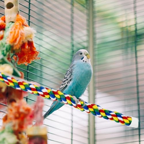 Image of Cotton Rope Bird Perch for Parrots, 0.7 Inch Bendable Climbing Rope Perch for Bird Cage, Colorful Bungee Toys for Parakeets Cockatiels Lovebirds Budgies, 2 Pack with Stainless Stee