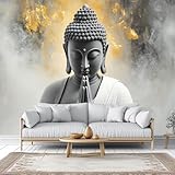 Peel and Stick Wallpaper Wall Mural Serene Buddha Statue Black White Golden Self Adhesive Accent 3D Wallpaper for Laundry Room Dining Room Boho Decorative Wall Decals