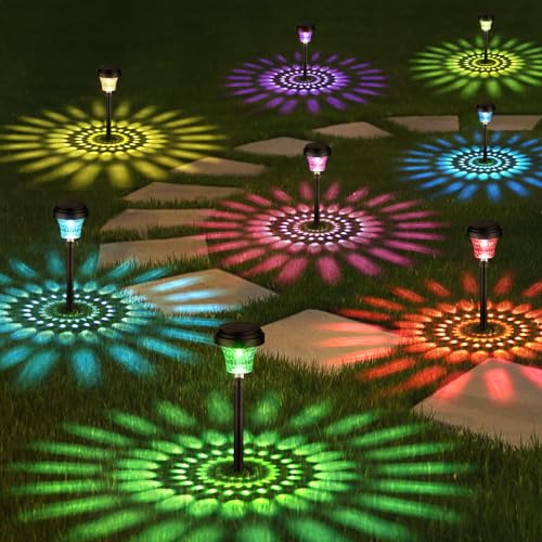 ONEWAY Garden Lights Solar Powered Waterproof,8 Pack Solar Lights Outdoor Garden Stake with Warm White & RGB,Ultra-Bright Solar Stake Lights Garden Ornaments,Solar Path Lights for Yard Lawn Landscape
