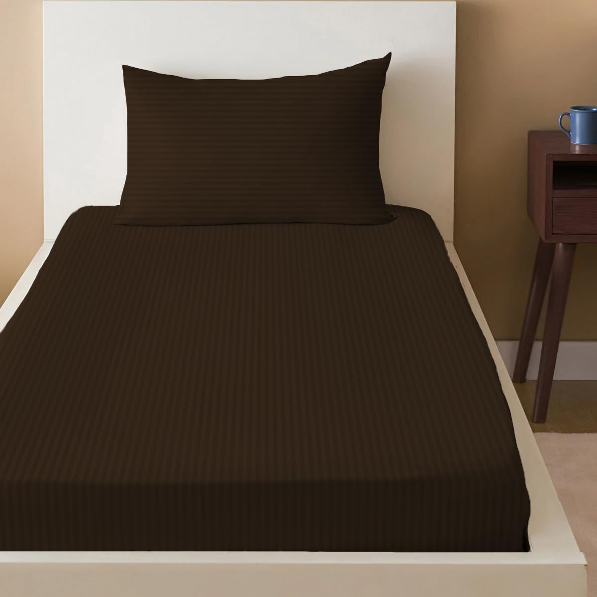 Sleep Well Microfiber Stripe Fitted Sheet with Pillowcase Set - 90x200+17cm (Chocolate Brown)