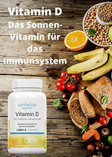 Sanhelios Sonnenvitamin D - 1000 I.E. Vitamin D3 - Unterstützt Knochen, Zähne, Muskeln und Immunsystem* - 365 Minitabletten Jahresvorrat - Nur Premium Zutaten - Hergestellt & geprüft in Deutschland