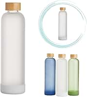 Garrafa de Vidro 1000 ml com tampa de bambu,Garrafa de Água, Chá,Suco,Armazenar,Design Inovador,Home Office,litro,borossilicato, base anti-impacto,resistente (Branco)