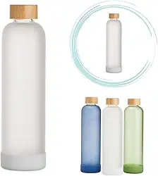 Garrafa de Vidro 1000 ml com tampa de bambu,Garrafa de Água, Chá,Suco,Armazenar,Design Inovador,Home Office,litro,borossilicato, base anti-impacto,resistente (Branco)