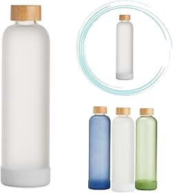 Garrafa de Vidro 1000 ml com tampa de bambu,Garrafa de Água, Chá,Suco,Armazenar,Design Inovador,Home Office,litro,borossilicato, base anti-impacto,resistente (Branco)