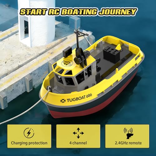 Bateau télécommandé pour enfants remorqueur 1:72 jaune avec deux piles - 6