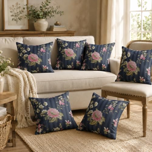 Image of Clasiko 16x16 Cushion Covers - Set of 5 Soft Cotton-Feel Decorative Pillow Covers | Midnight Garden, Flap Closure, Perfect for Sofa & Living Room