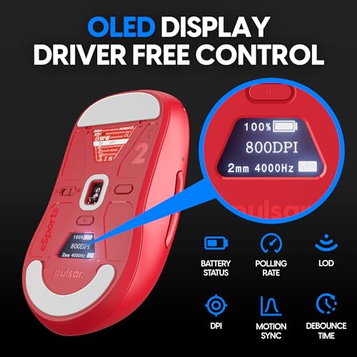 Image of Pulsar Gaming Gears - X2H eS Wireless Gaming Mouse, Limited Edition, Symmetrical, Optical Switch, OLED Display, Driverless, PAW3395 Sensor, 100H Battery, 4K dongle Included (Medium, Red)