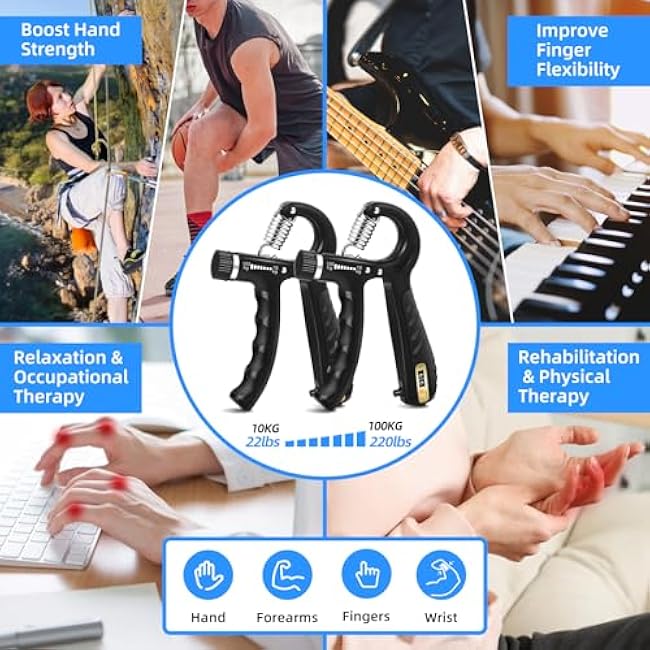 2PCS Grip Strength Trainer with 22-220Lbs (10-100kg) Adjustable Resistance, Hand Gripper, Forearm Strengthener, Finger Exerciser for Muscle Building and Injury Recovery