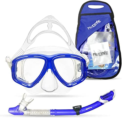 PRODIVE Premium Dry Top Snorkel Set for Adults - Tempered Glass Diving Mask, Anti-Fog Lens for Best Vision, Easy Adjustable Strap, Waterproof Snorkel Bag Included - Snorkeling Gear for Adults (Blue)