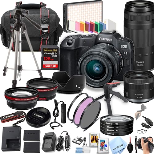 Canon EOS R8 24.2MP Full-Frame CMOS Sensor Mirrorless Camera with 24-50mm + 75-300mm Lenses + 128GB Extreme Memory, LED Video Light, Wide Angle Lens, Telephoto Lens, Filters- 44pc Pro Bundle (Renewed)