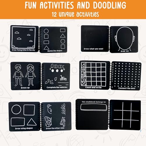 Image of Berrybee Children's Activity Chalkboard Book Portable Free Activities for Kids Erasable Reusable Book 12 Pages 12 Activities One Chalk with Chalkholder 6 x 6 inches Toddler