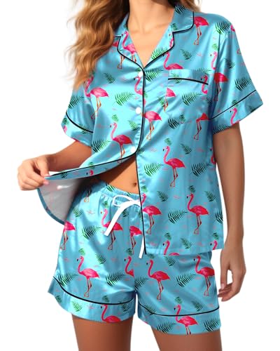 Mutkirapup Silk Pajamas for Women Shorts Satin Pjs Blue Flamingo Button Down 2 Piece Cute Comfy Womens Sleepwear Soft Lounge Set Summer L