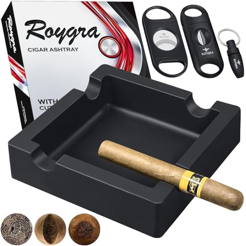 roygra Outdoor Ashtray, Ash Tray Outdoors, Cigar Ashtray for Outside Patio with 3 Cutter, Silicone Ashtrays for Outdoors with 4 Holder, Cigars Smoking Accessories for Men, Home Décor Smokers Indoor