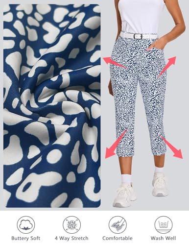 SERSARY Golfhose Damen 7/8 Golf Hose Stretch mit Rechte Reißverschlusstasche Gürtelschlaufen Soft Golf-Hosen Caprihosen Leichte Jogginghose, Blauer Leopard,XL