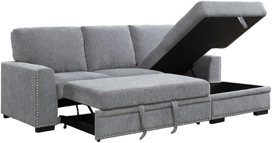 Pemberly Row Chenille Sectional Sofa with Pull-Out Bed, Storage Chaise, Dark Gray Fabric, 96 in Wide, Nailhead Trim, Foam Cushions, Modern Living Room Seating for Daily Use or Overnight Guests