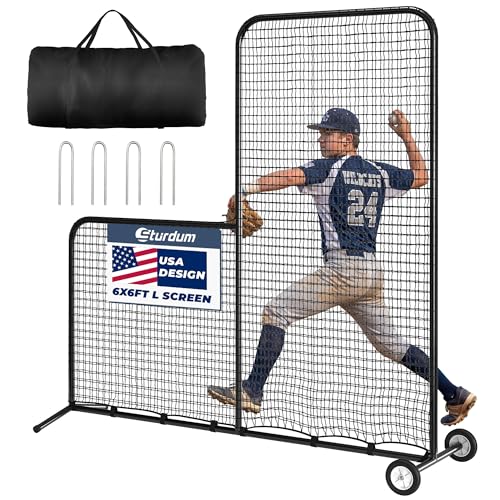 Sturdum 6x6ft/7x7ft Baseball L Screen with Wheels for Batting Cage Pitcher Protector Net for Pitchers Protection Includes Portable Carry Bag 4 Ground Stakes