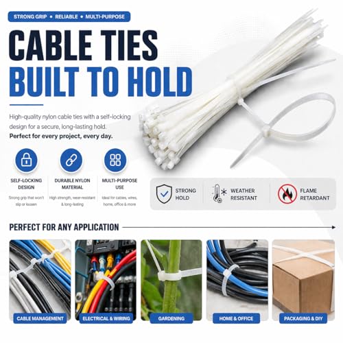 Image of Electronic Spices Nylon Cable Ties 2.5X150mm | 6 Inch Self-Locking Zip Ties (White) | Cable Management Organizer Pack of 100