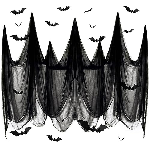 SHIYOUO Tecido assustador de Halloween, decoração de Halloween 800 x 215 cm teias de aranha e 12 peças morcegos falsos 3D, festa de Halloween casa encantadora decoração de acessórios de medo