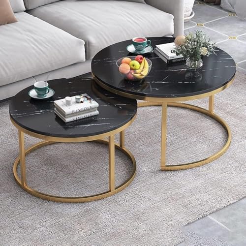 Image of Elegance Iron & Wooden Round Retro Golden Side Tables - Night Stand, Bedside, Sofa Side, Coffee, Centre, Nesting and Bar Table Set of 2 (Golden & Black)