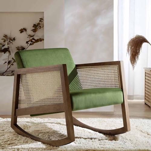 Image of Solid Wooden Rocking Chair with Armrests,Wooden Rattan Arm Chair for Dining & Living Room. Teak Wood Armchair for Living Room Bedroom (Dark Walnut) 86L x 58W x 70Hcm