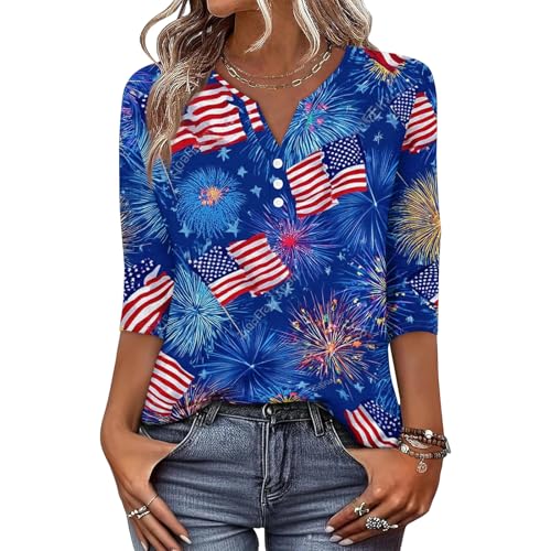 Image of 4th of July Shirts Women 3 /4 Length Sleeve Womens Tops Henley Neck Casual Patriotic T Shirts