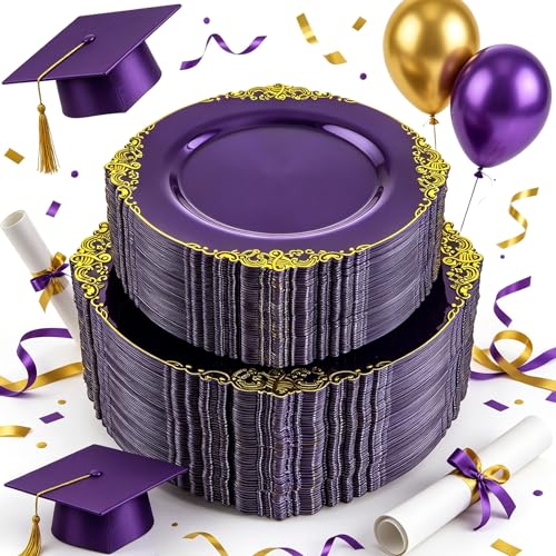 102PCS Purple and Gold Plastic Plates - High End Purple Disposable Plate - Vintage Party Dinner & Dessert Plates for 51 Guests Wedding & Halloween Party