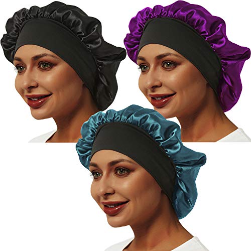 3 Pcs Satin Bonnet, Soft Bonnets for Black Women Hair Bonnet Hair Cover, Sliky Bonnet Luxurious Fabric Premium Elastic Wide Band for Women Haircare Hair Loss(Normal Size, 3 Pcs-Black+Purple+Green)