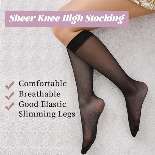 6 Pairs Knee High Stockings for Women 20D Sheer Nylon Trouser Socks with Reinforced Toes2