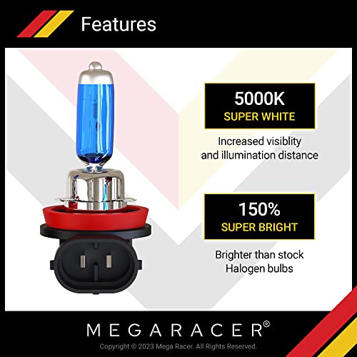 Mega Racer H11 Halogen Headlight Bulbs 5000K Super White 12V 100W Xenon Standard Halogen Replacement Ip68 Waterproof Rating Pgj19-2 Base, Pack Of 4 #TOP1