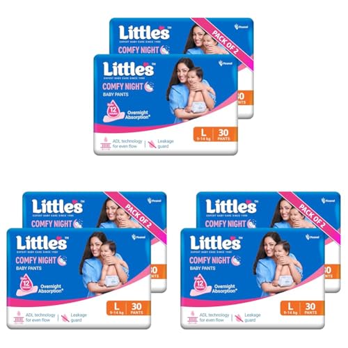 Image of Little's Baby Diapers L Size (Large) Pants Style | 9-14 kg | 60 Count | Comfy Nights Baby Diaper Pants with Leakage Guard & Upto 12 Hours Absorption (30 Count, Pack of 6)