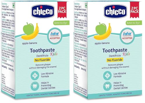 Image of Chicco Toothpaste for Kids, Best for Baby (6m-6y), Apple-Banana Flavour, 50g (Pack of 4) | Fluoride-Free & Low Abrasive | Removes Plaque, Helps Prevent Cavities | IDA Accepted