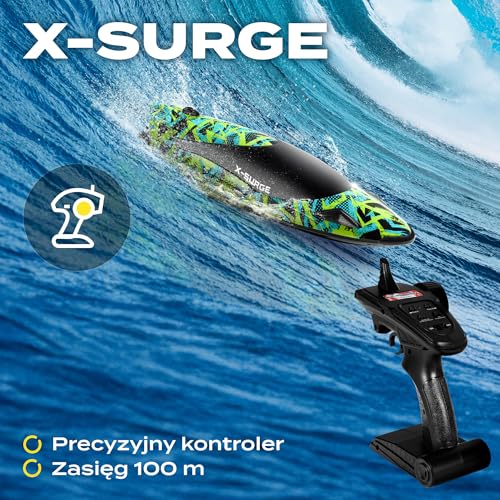 OVERMAX X-SURGE Zdalnie Sterowana Łódź Wyścigowa RC Motorówka ze Światłem LED 35 km/h Baterie 1200 mAh 30 min Zabawy Regulacja Prędkości Zasięg do 100 m, Zabawka na Basen i Jeziora