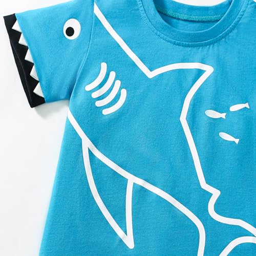 Image of HILEELANG Little Boy Summer Short Clothes Sets Outfits Easter Cotton Blue Shark Tee Shirts Pocket Adjustable Knite Shorts Playwear Sets Size 7