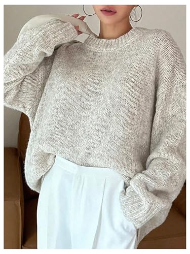 Image of RoseSeek Women's Oversized Crewneck Sweaters Drop Shoulder Long Sleeve Knit Tops Fall Pullovers Apricot Large