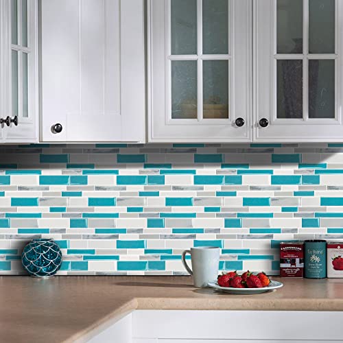 Tenashome 10-Sheets Backsplash Peel And Stick Subway Tile Stick On Kitchen Bathroom Countertop Stove In Vinyl Marble Blue&White,Thicker #TOP1