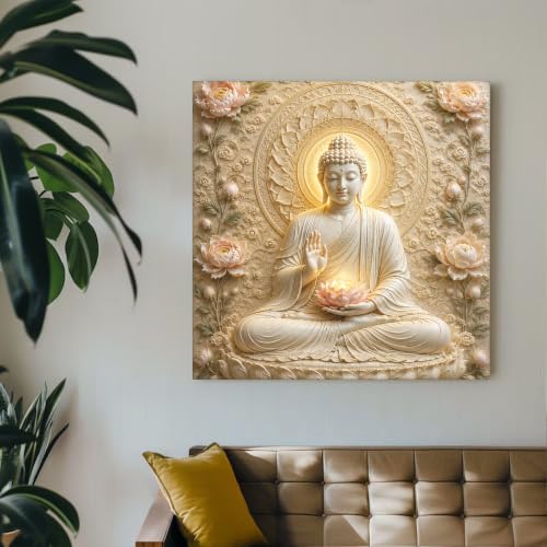 Image of PAINTINGMANTRA Lotus Buddha Painting for Living Room, Buddha wall Decor for living room, Bedroom, office and Meditation Room, Canvas, 22x22 Inch