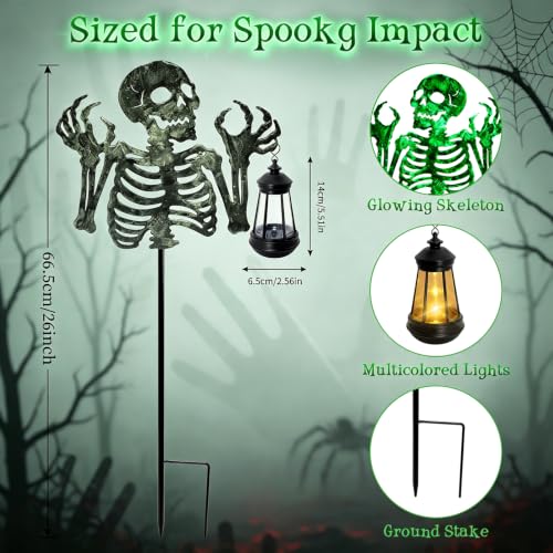 Image of VOOKRY Halloween Skeleton Lantern Decor, Glow in The Dark Iron Skull | With Fluorescent Luminous Body & Mini Hand Lantern, Outdoor Yard Lawn Patio Spooky Decorations, Halloween Party Props Gifts